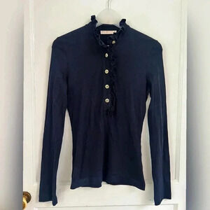 Tory Burch Lidia Long Sleeve Ruffle Polo Shirt Top Navy Size XS